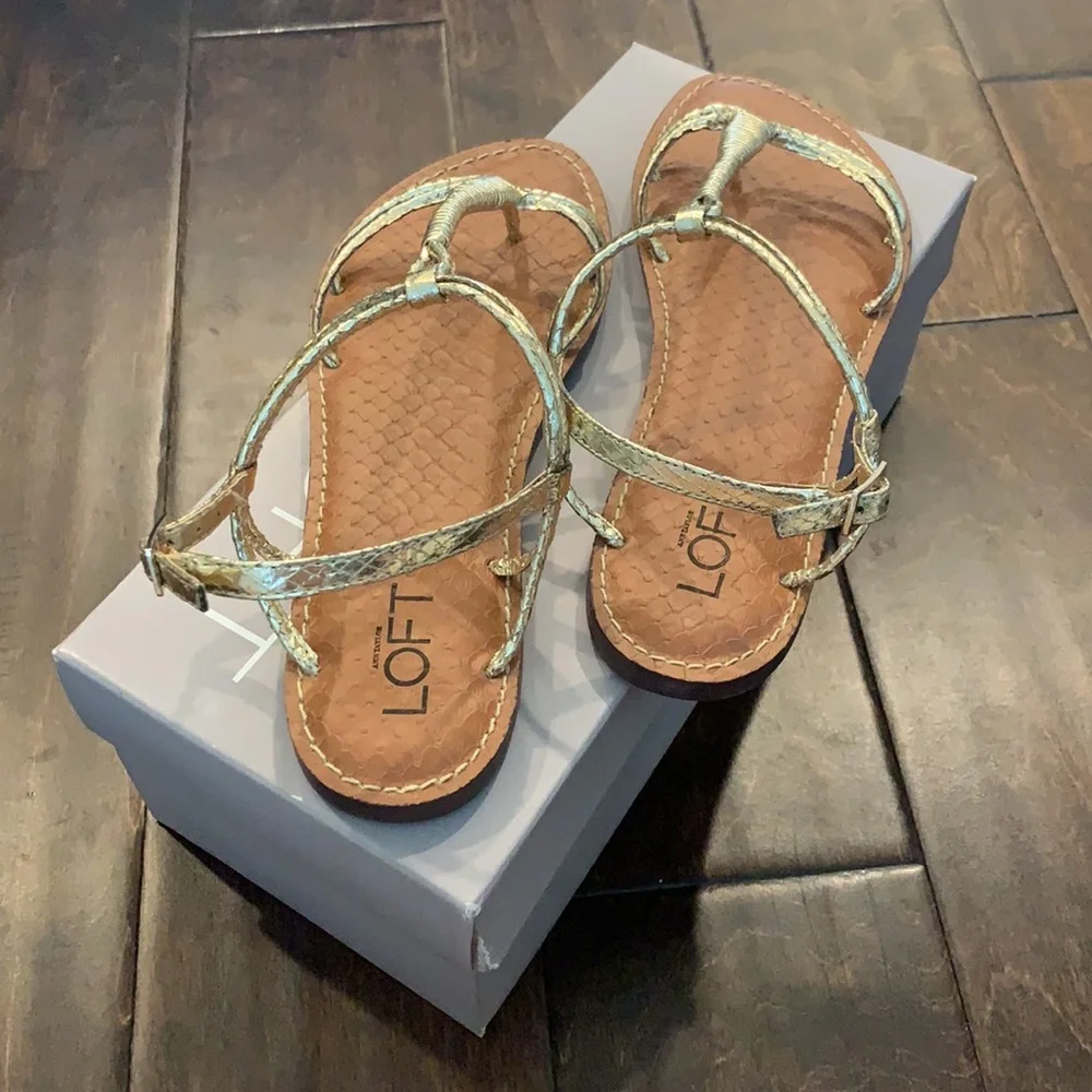 NIB LOFT Gold Snakeskin Print T-Strap Sandals Size 7